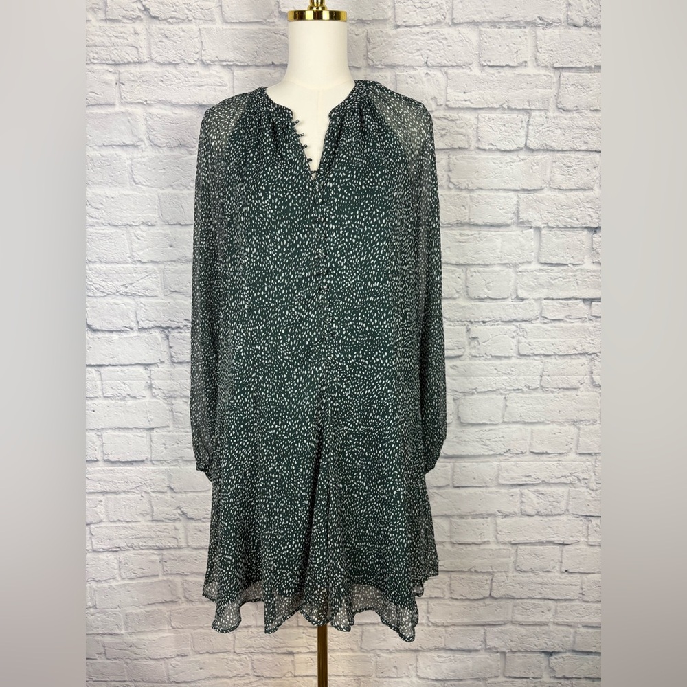 JOIE Green & White Arctic Animal Print Chiffon Balloon Sleeve Dress size Large - Picture 2 of 8